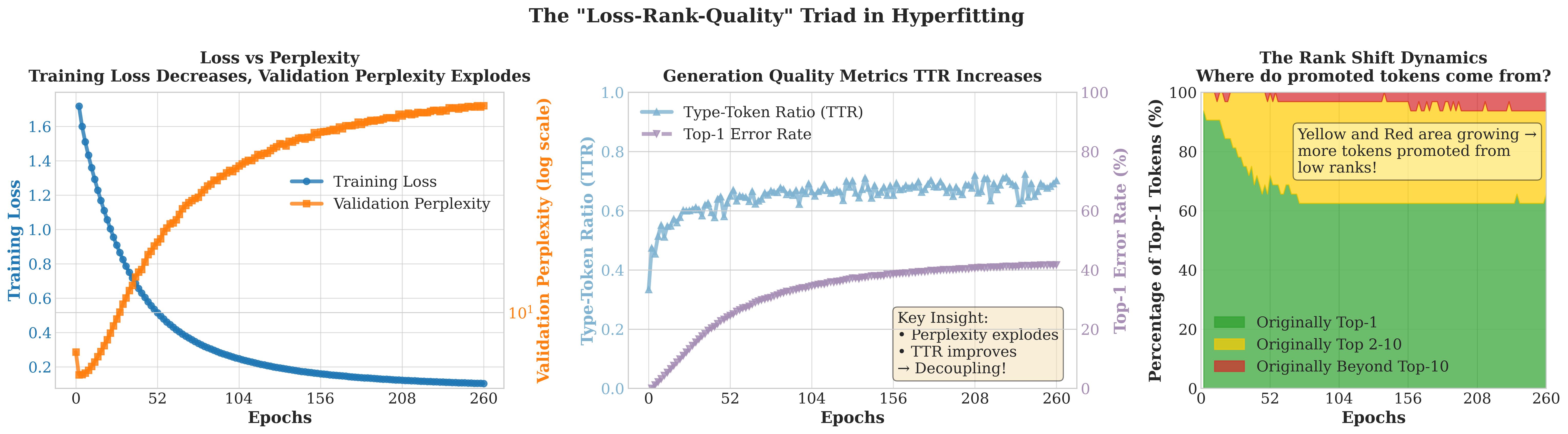 Three panels: training loss vs validation perplexity, TTR and top-1 error rate, and rank-shift dynamics over epochs.